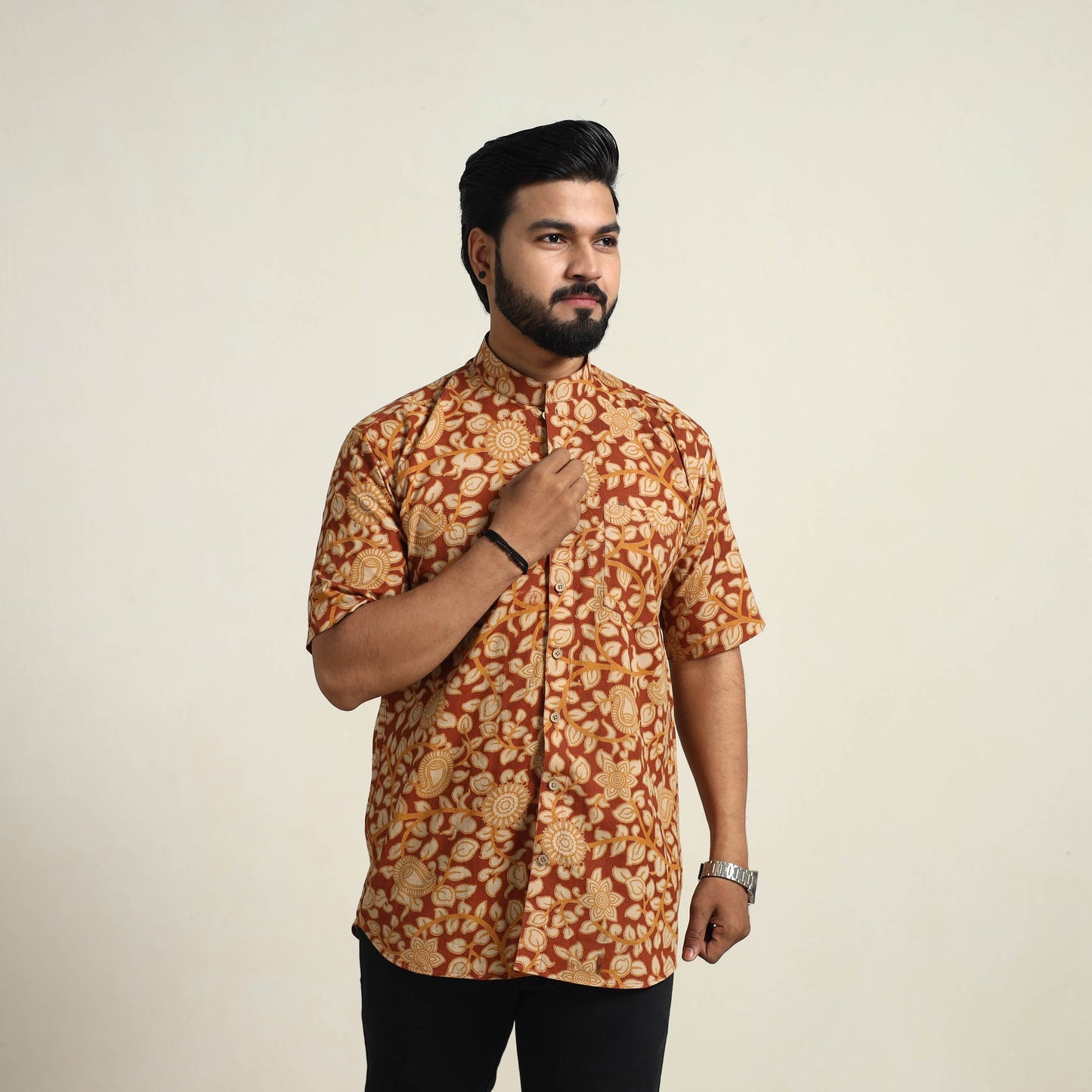 Brown Cotton Men Kalamkari Print Shirt 