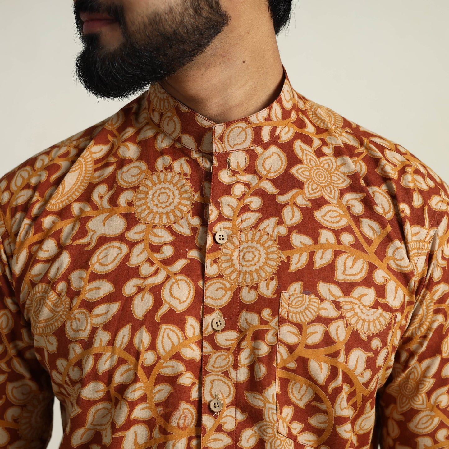 Brown Cotton Men Kalamkari Print Shirt 