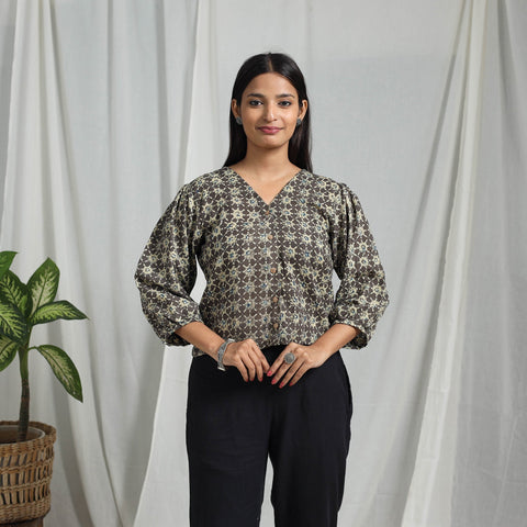Brown Block Print Cotton Natural Dyed Ajrakh Crop Top