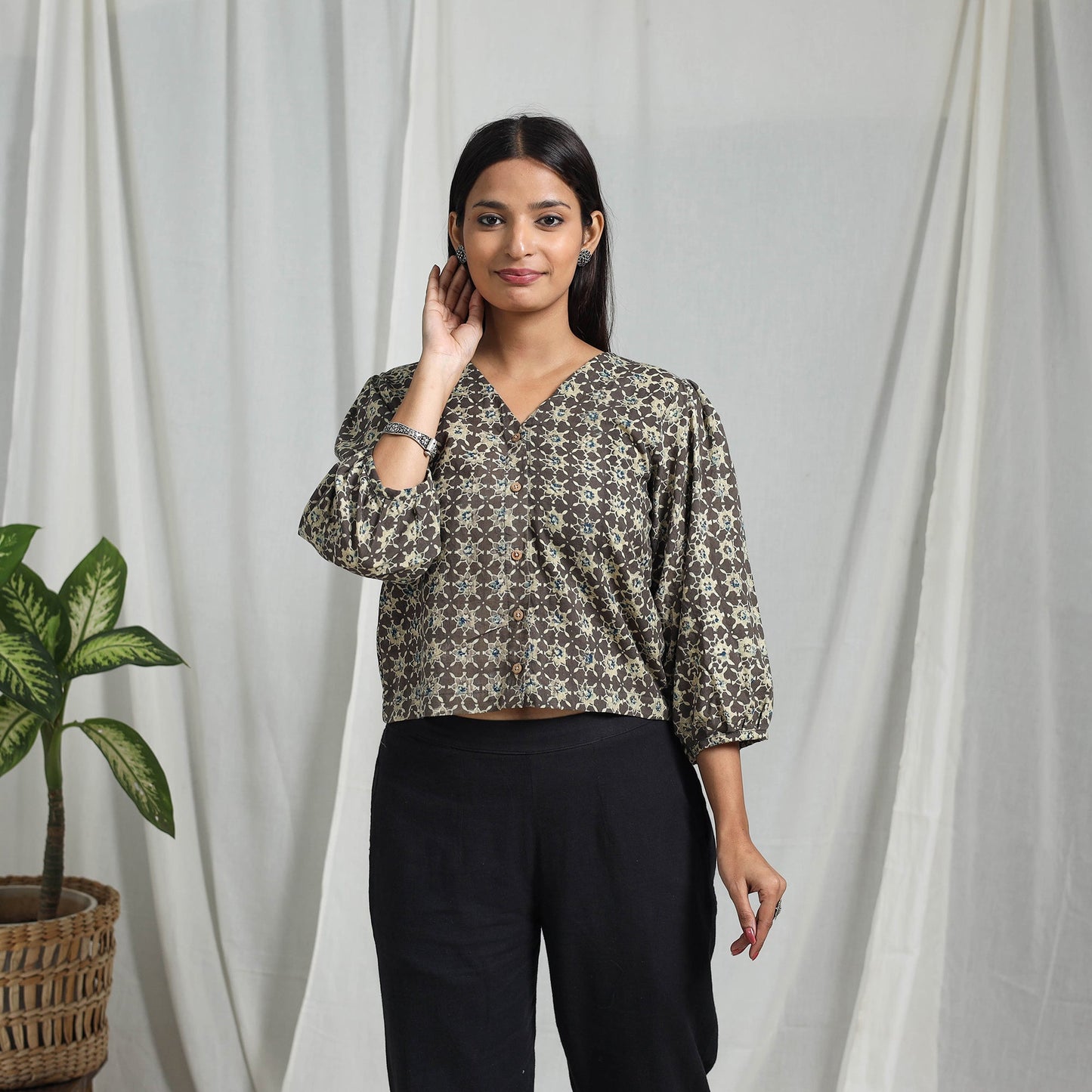 Brown Block Print Cotton Natural Dyed Ajrakh Crop Top