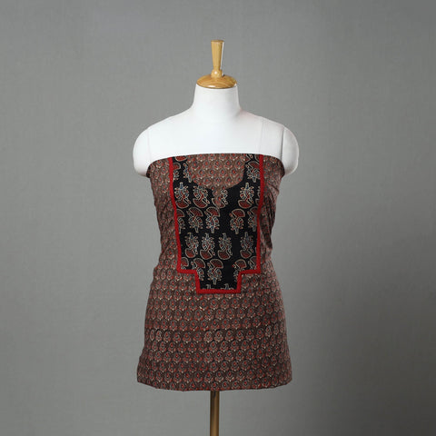Brown Ajrakh Print Cotton Patchwork Kurta Material (3m)