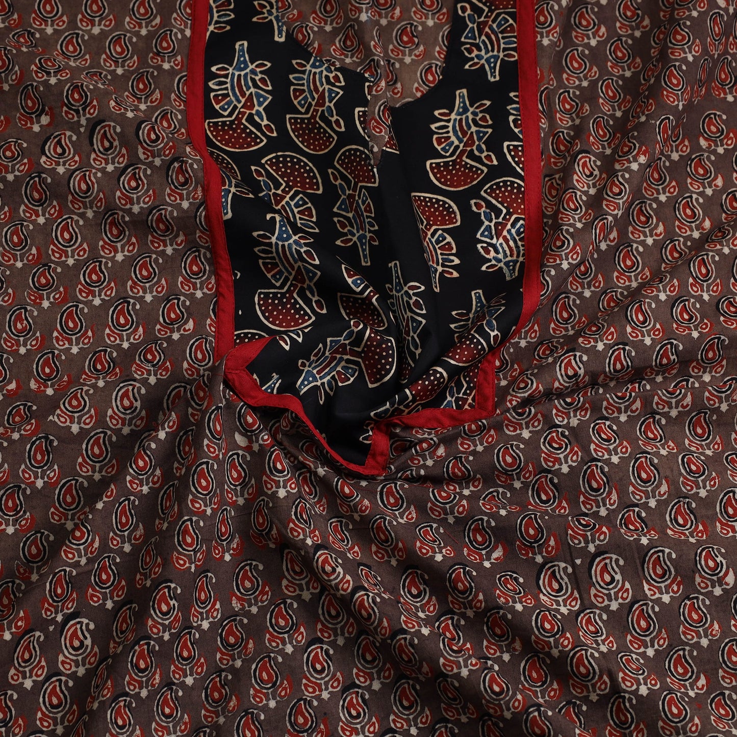 Brown Ajrakh Print Cotton Patchwork Kurta Material (3m)