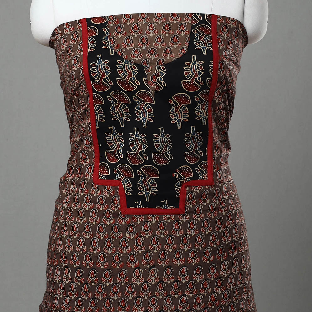 Brown Ajrakh Print Cotton Patchwork Kurta Material (3m)