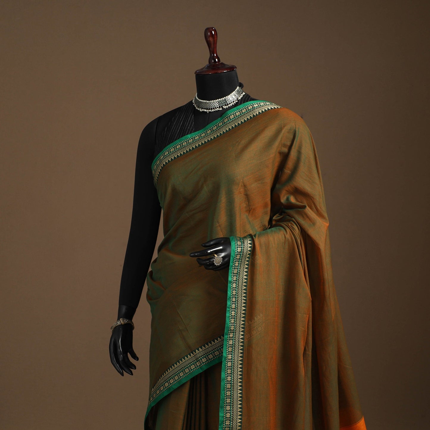 Brown - cotton plain saree with thread border 11