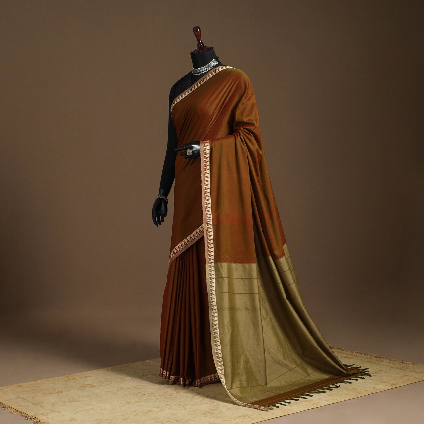 Brown - cotton plain saree with thread border 19