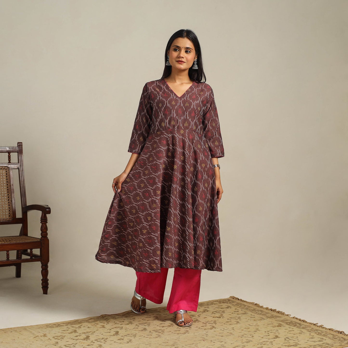 Brown Cotton Pochampally Ikat Kurta Set (Set of 2)