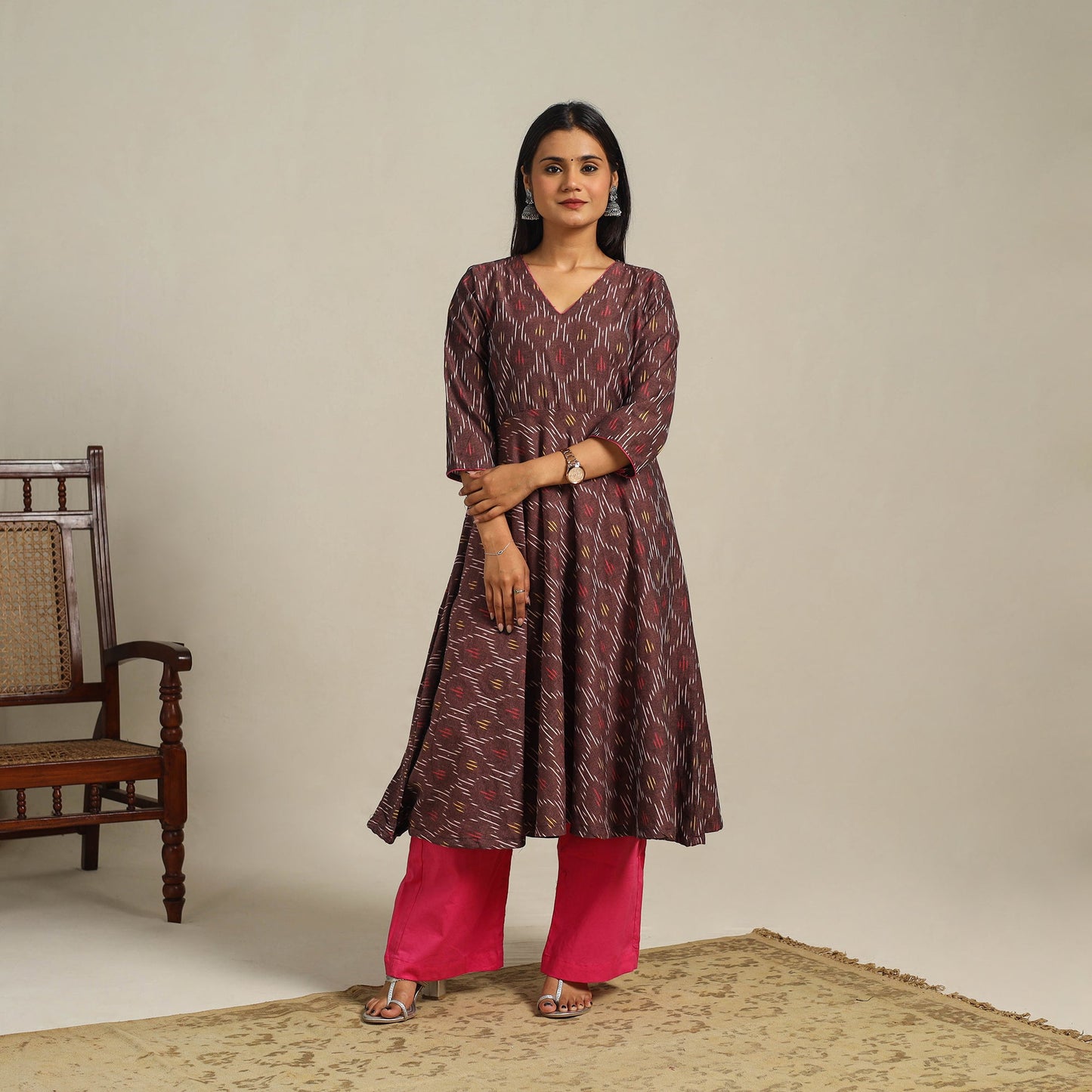 Brown Cotton Pochampally Ikat Kurta Set (Set of 2)