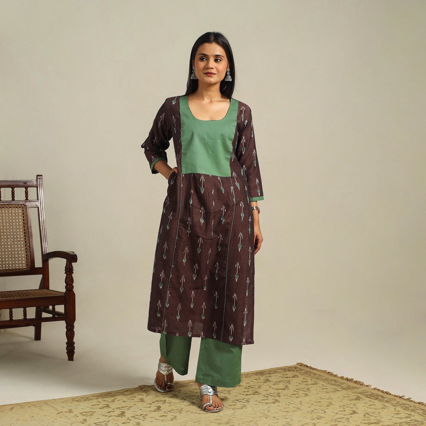 Brown - cotton pochampally ikat kurta set (set of 2) 10