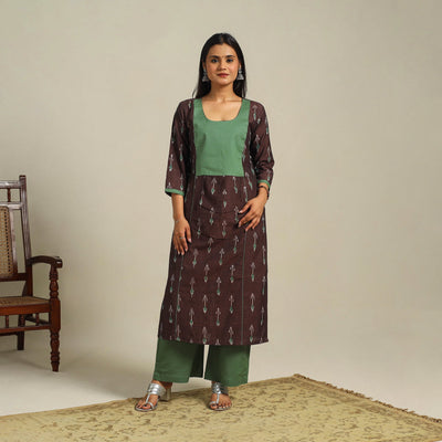 Brown - cotton pochampally ikat kurta set (set of 2) 10