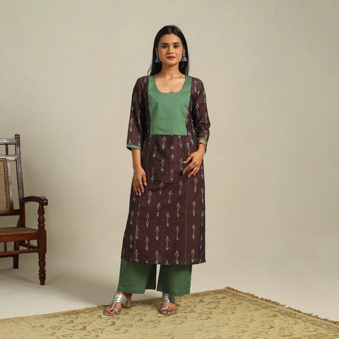 Brown - cotton pochampally ikat kurta set (set of 2) 10