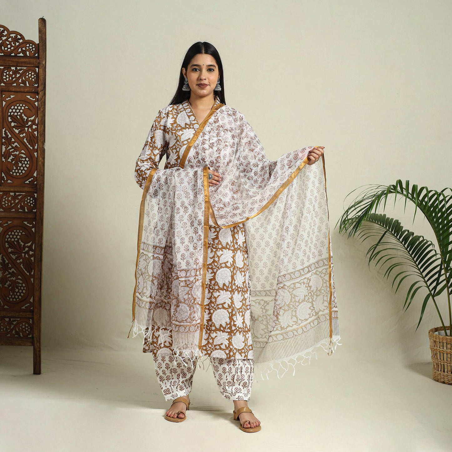  Brown Block Print Cotton Sanganeri Kurta Set