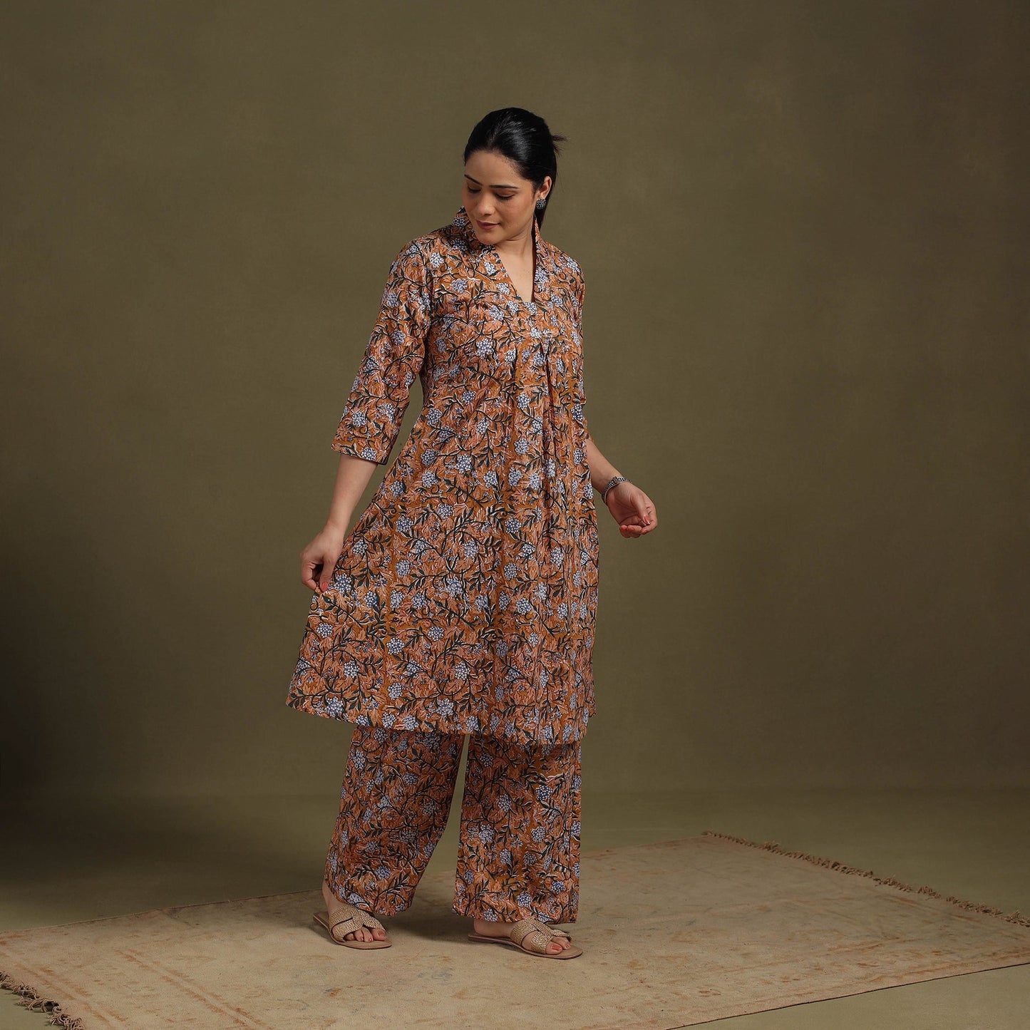 Brown Cotton Sanganeri Block Print Co-Ord Set