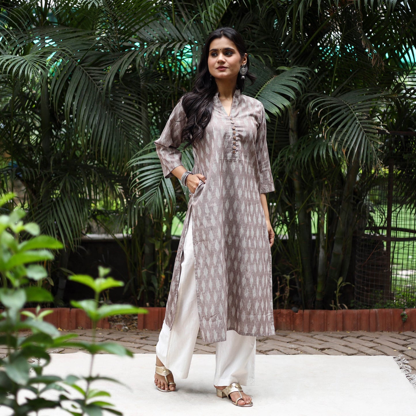 Brown Cotton Straight Pochampally Ikat Kurta for women