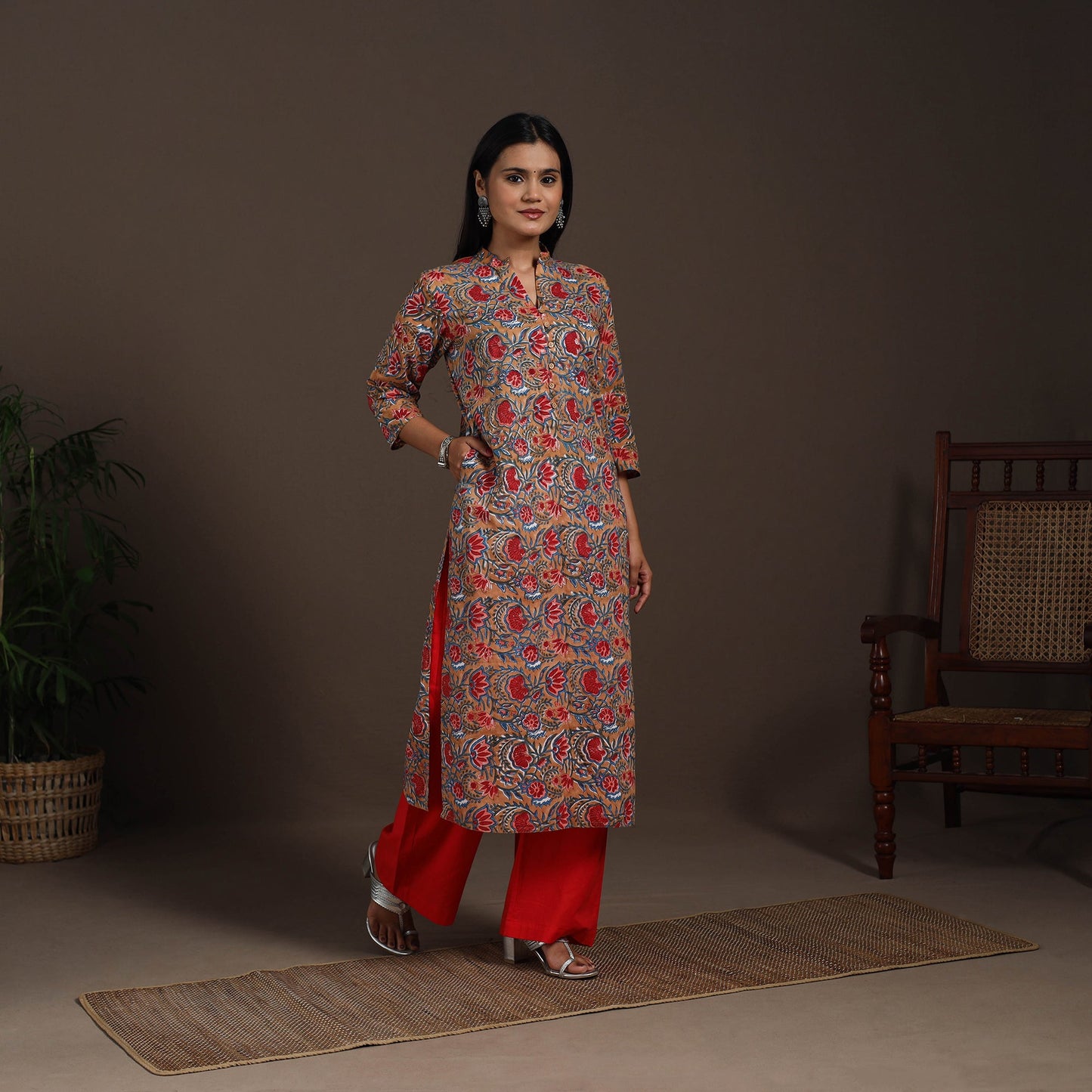 Brown - cotton straight sanganeri kurta 07 - handcrafted