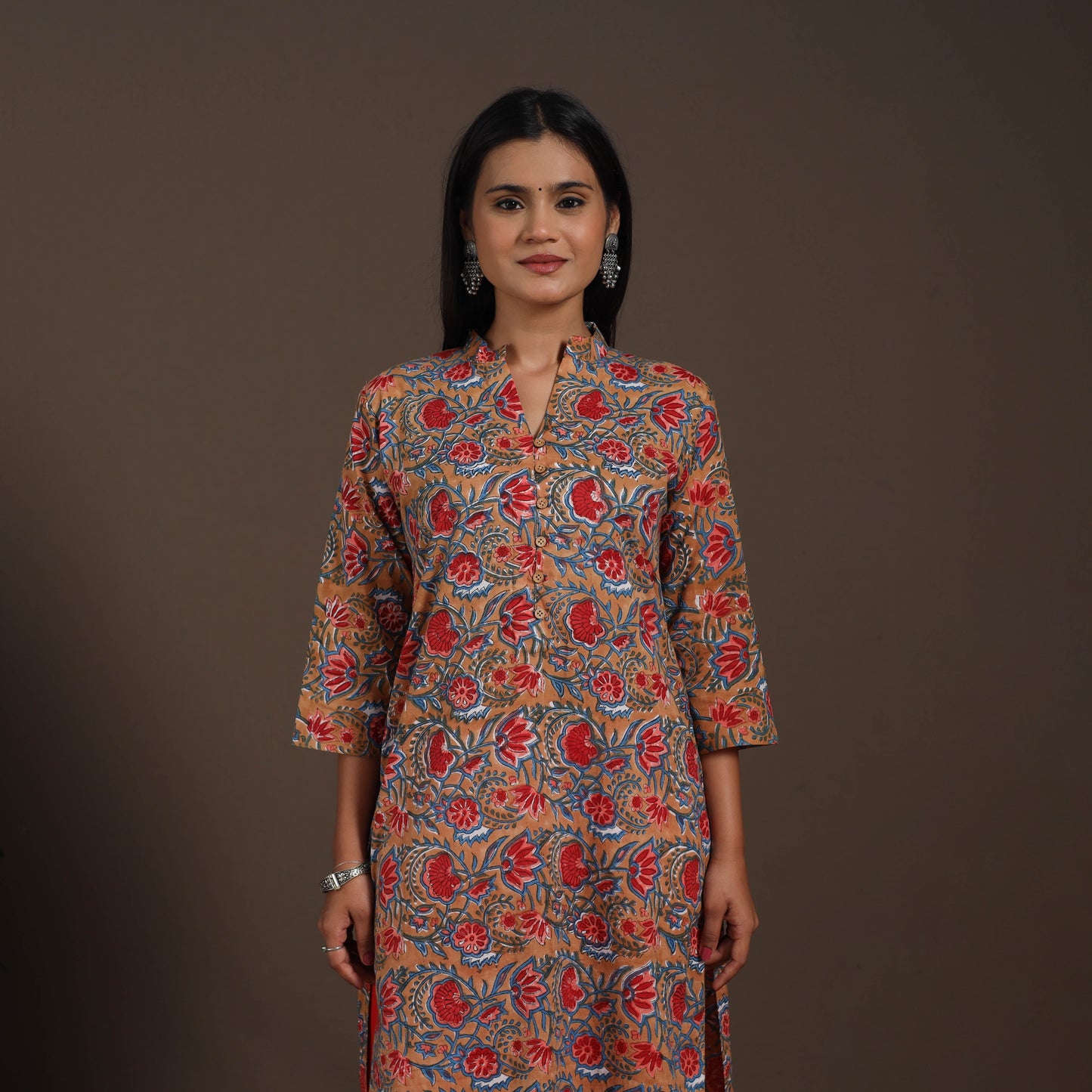 Brown - cotton straight sanganeri kurta 07 - handcrafted