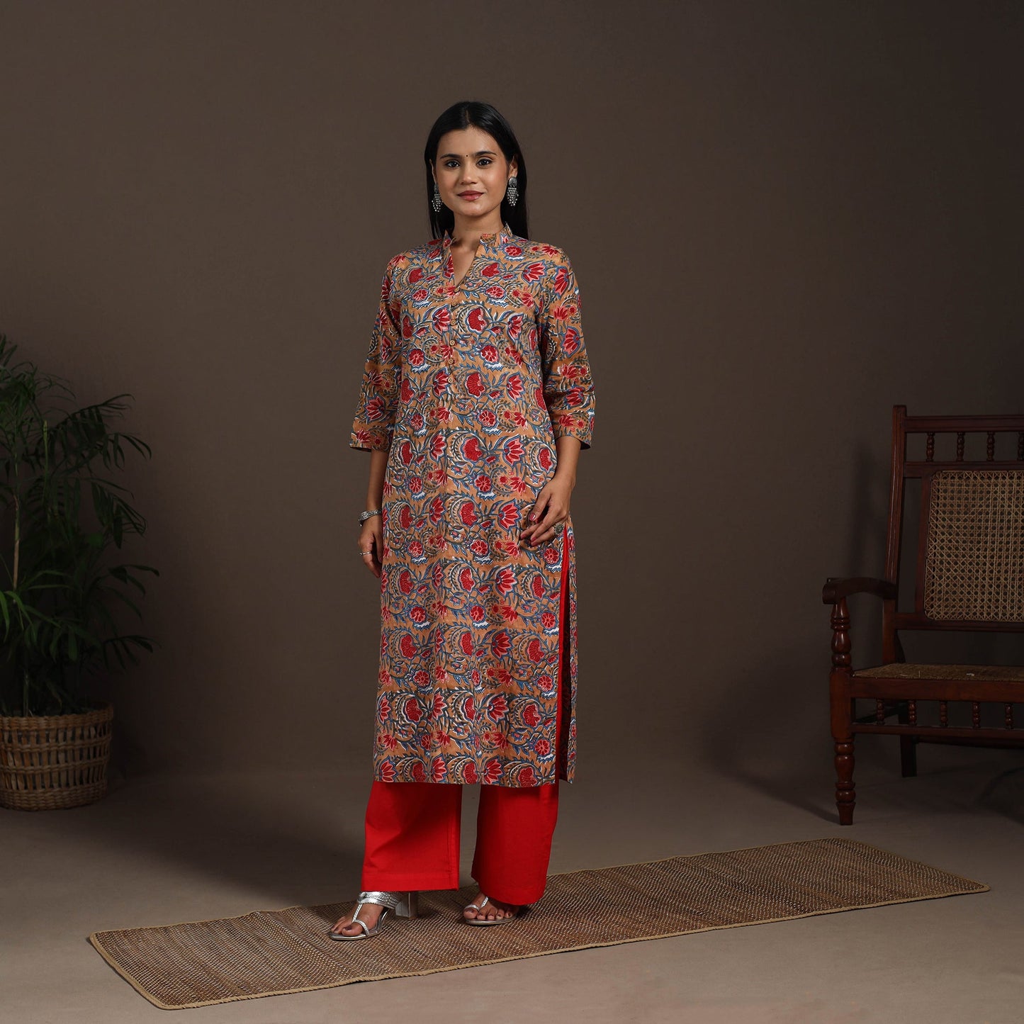 Brown - cotton straight sanganeri kurta 07 - handcrafted