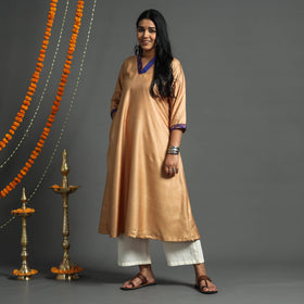 Buy  Dark Grey Plain Tussar Silk Banarasi Patchwork Floral Kurta l iTokri.com