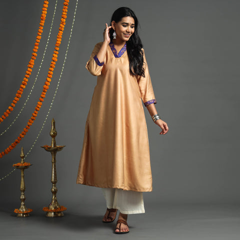 Buy  Dark Grey Plain Tussar Silk Banarasi Patchwork Floral Kurta l iTokri.com