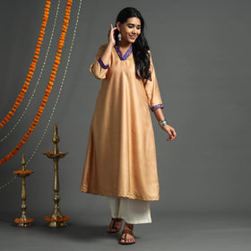 Buy  Dark Grey Plain Tussar Silk Banarasi Patchwork Floral Kurta l iTokri.com