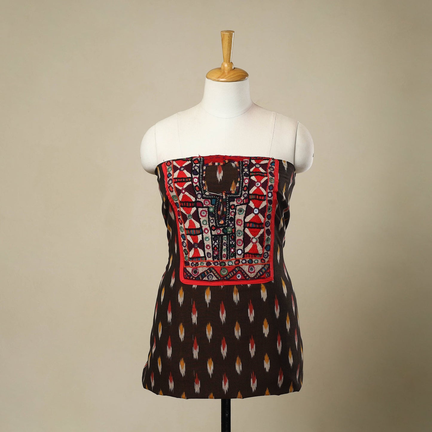 Buy Brown Desert Thread Embroidery Ikat Kurta Material