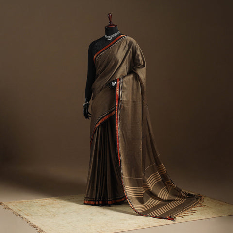 Brown Dharwad Cotton Saree with Zari Border