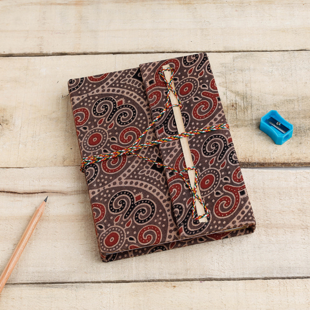Brown - Ajrakh Fabric Cover Handmade Paper Notebook with Thread Lock