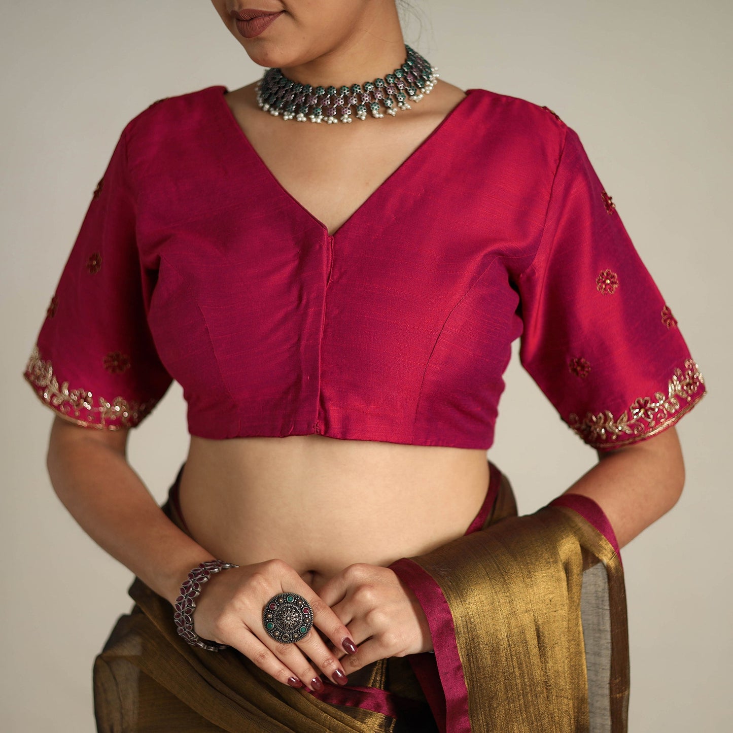 Fine Tissue Zari Brown Bengal Saree with Embroidered Blouse