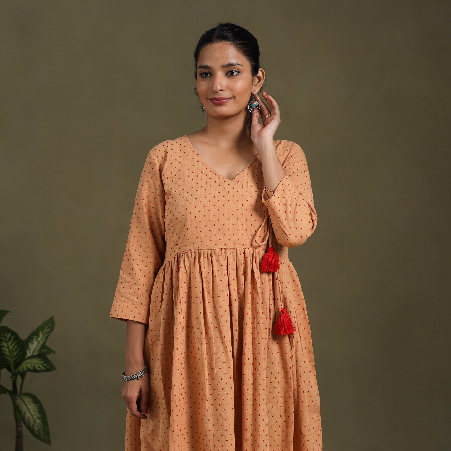  Flared Cotton Angrakha Brown Jacquard Dress 
