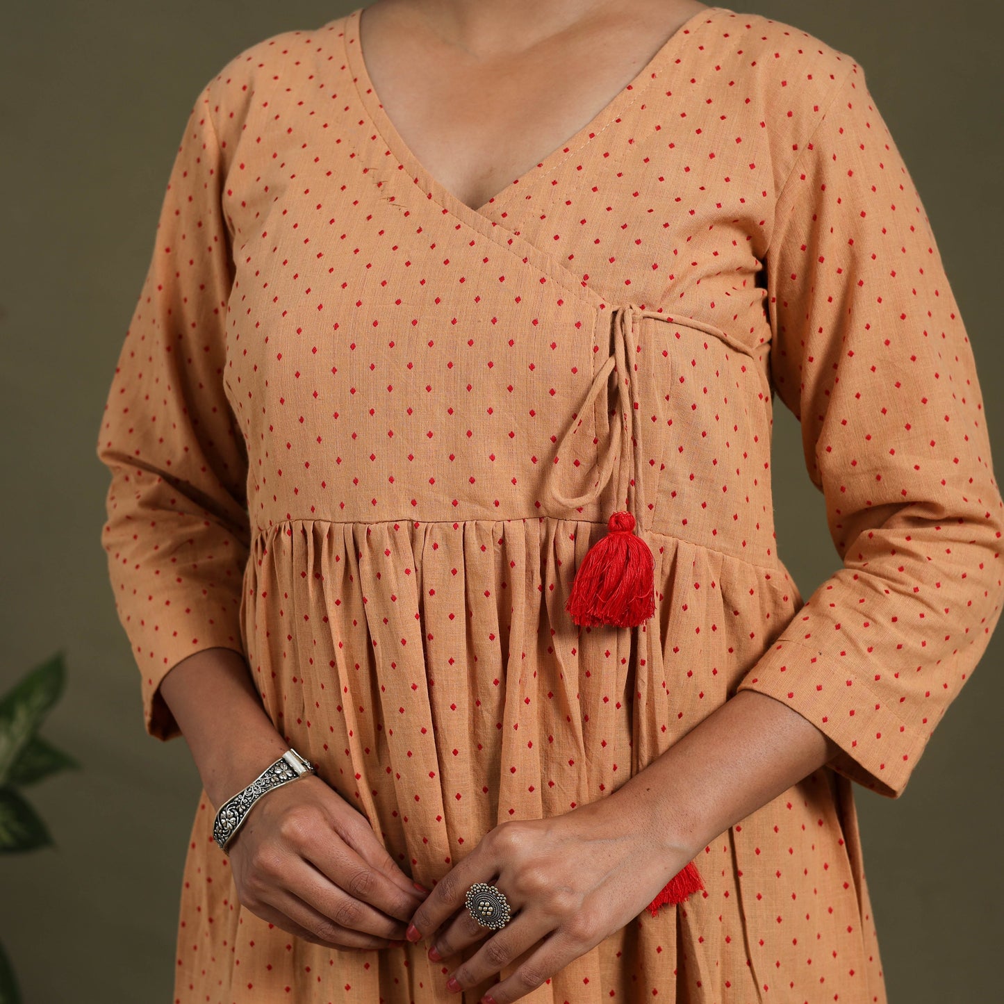  Flared Cotton Angrakha Brown Jacquard Dress 