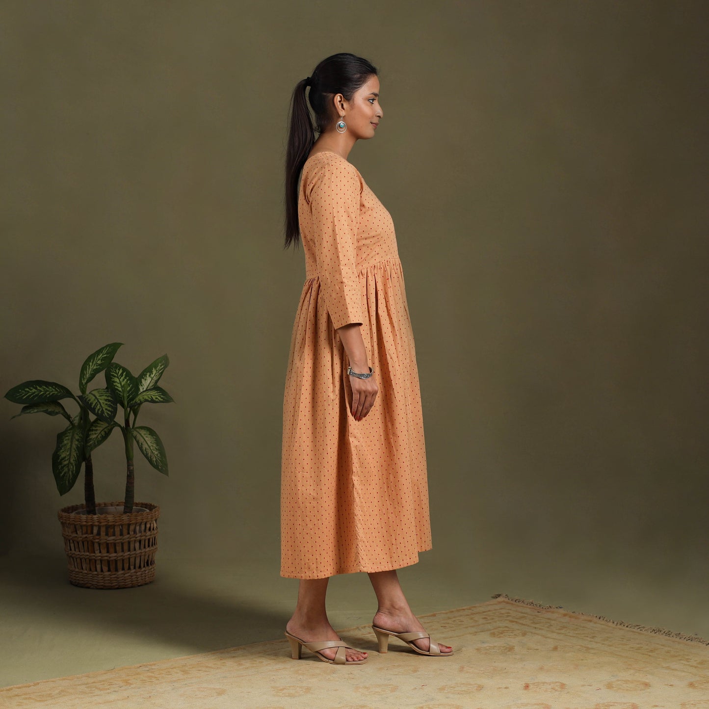  Flared Cotton Angrakha Brown Jacquard Dress 