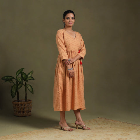  Flared Cotton Angrakha Brown Jacquard Dress 