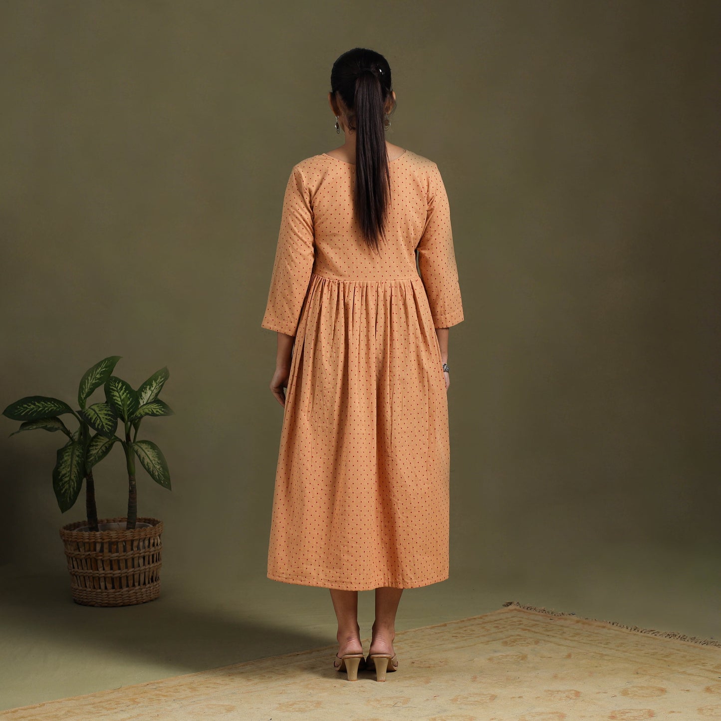  Flared Cotton Angrakha Brown Jacquard Dress 