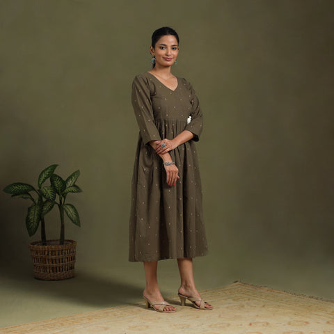  Flared Cotton Angrakha Brown Jacquard Dress 