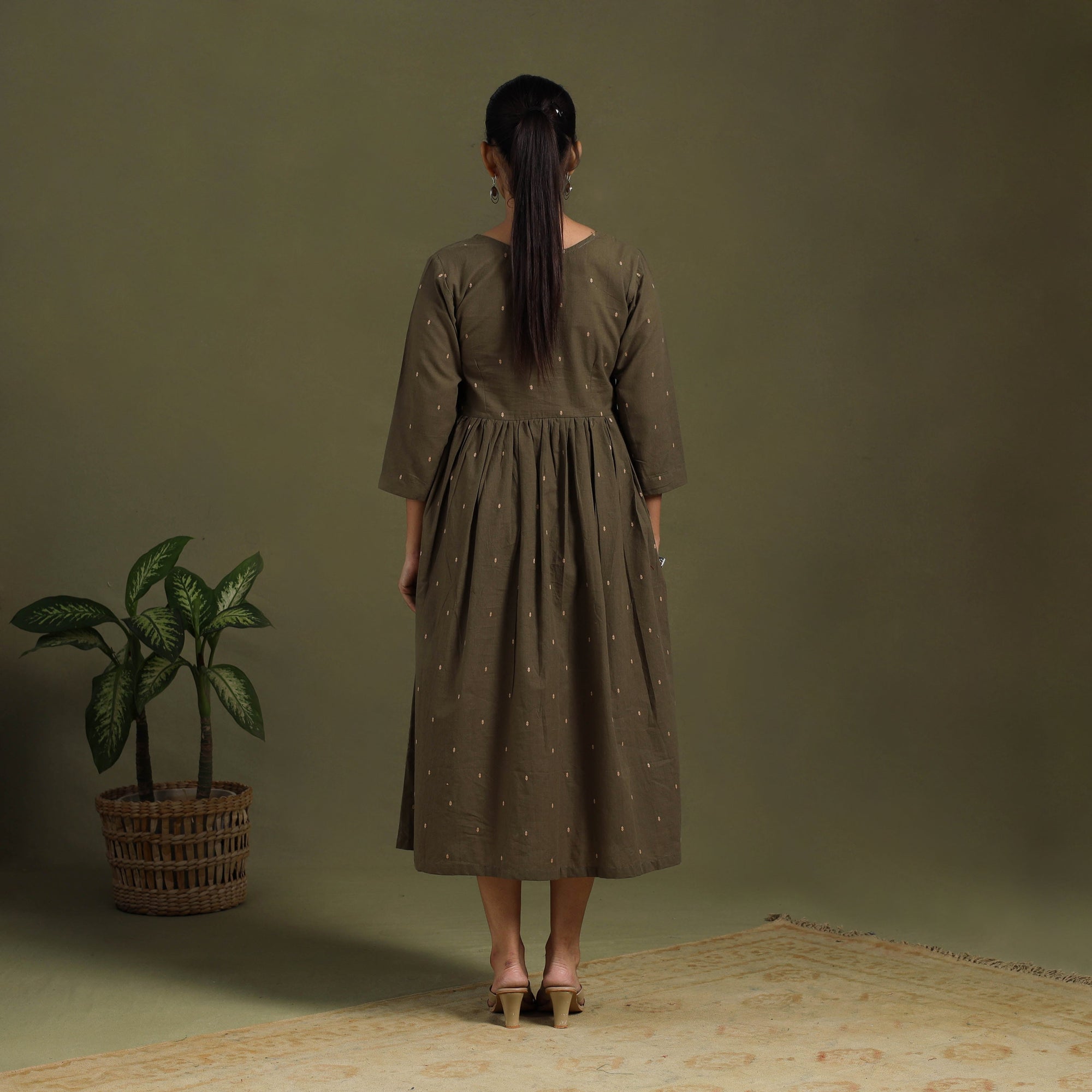 Flared Cotton Angrakha Brown Jacquard Dress