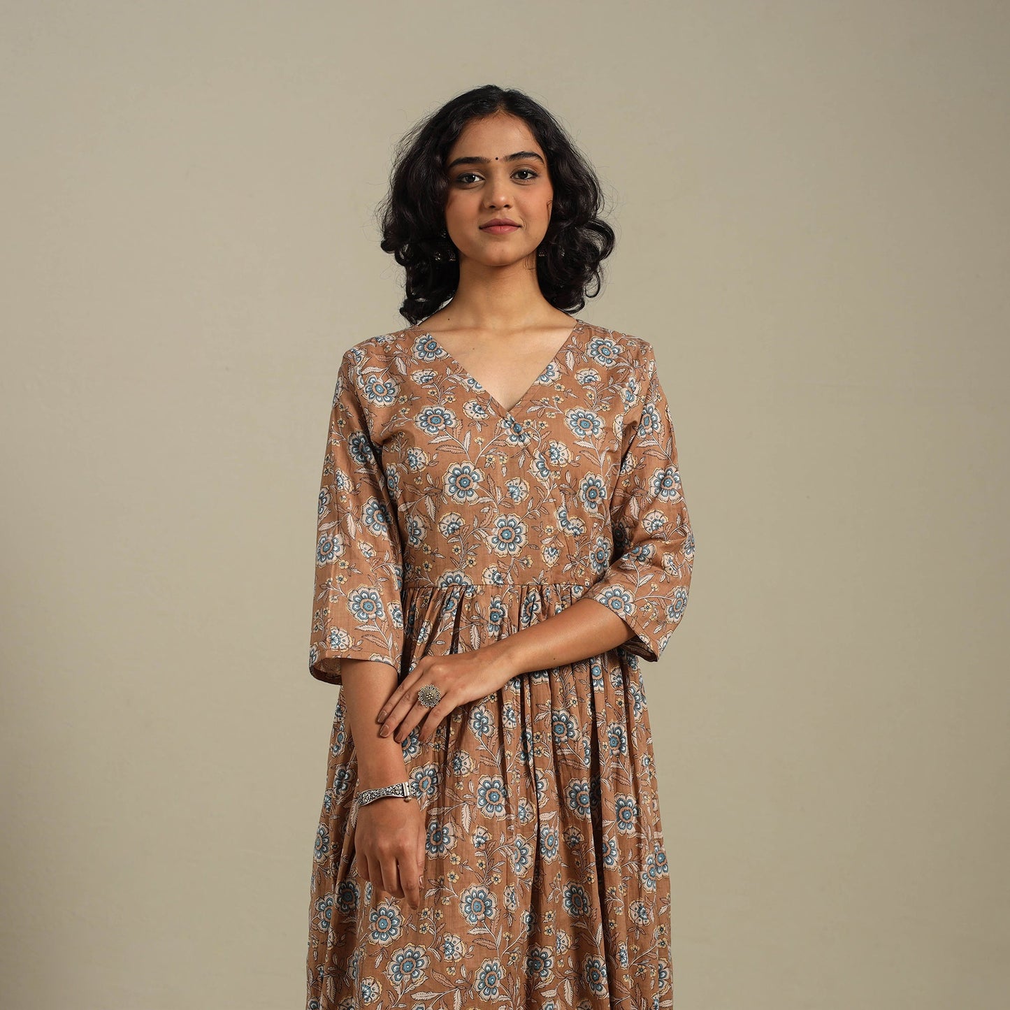 Brown Flared Cotton Jaipur Print Kurta Set (Set of 2)