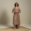 Brown Flared Cotton Jaipur Print Kurta Set (Set of 2)