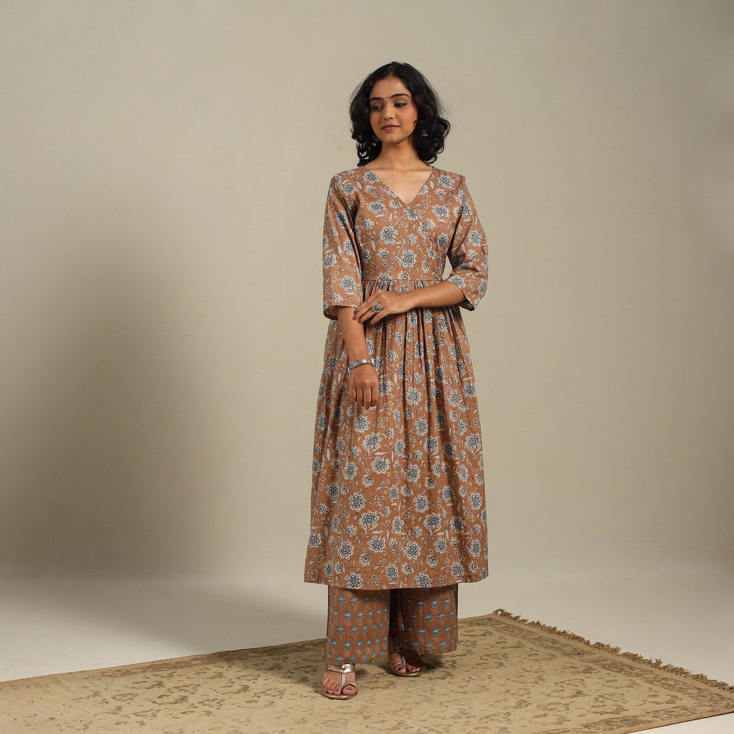 Brown Flared Cotton Jaipur Print Kurta Set (Set of 2)