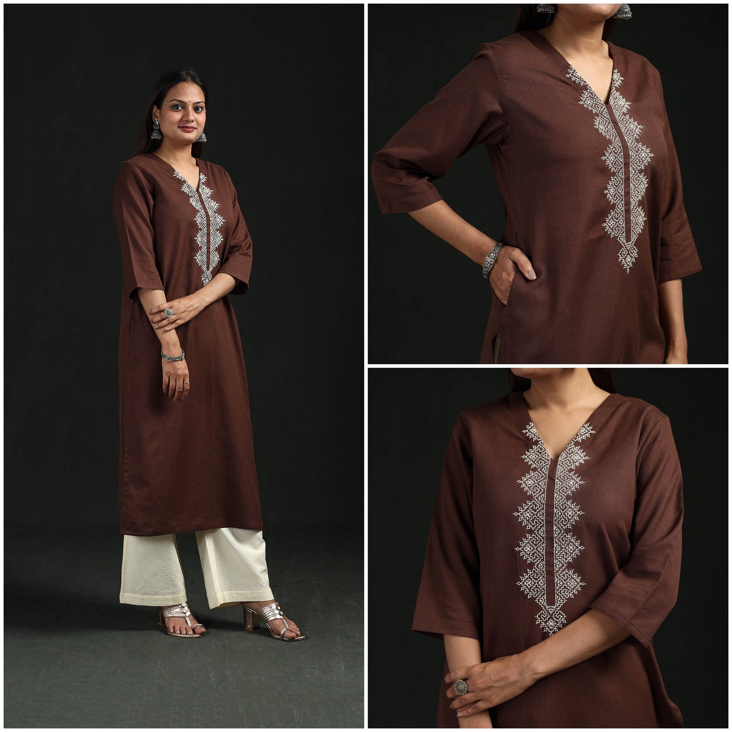 Flex cotton plain hand embroidered straight kurta for women