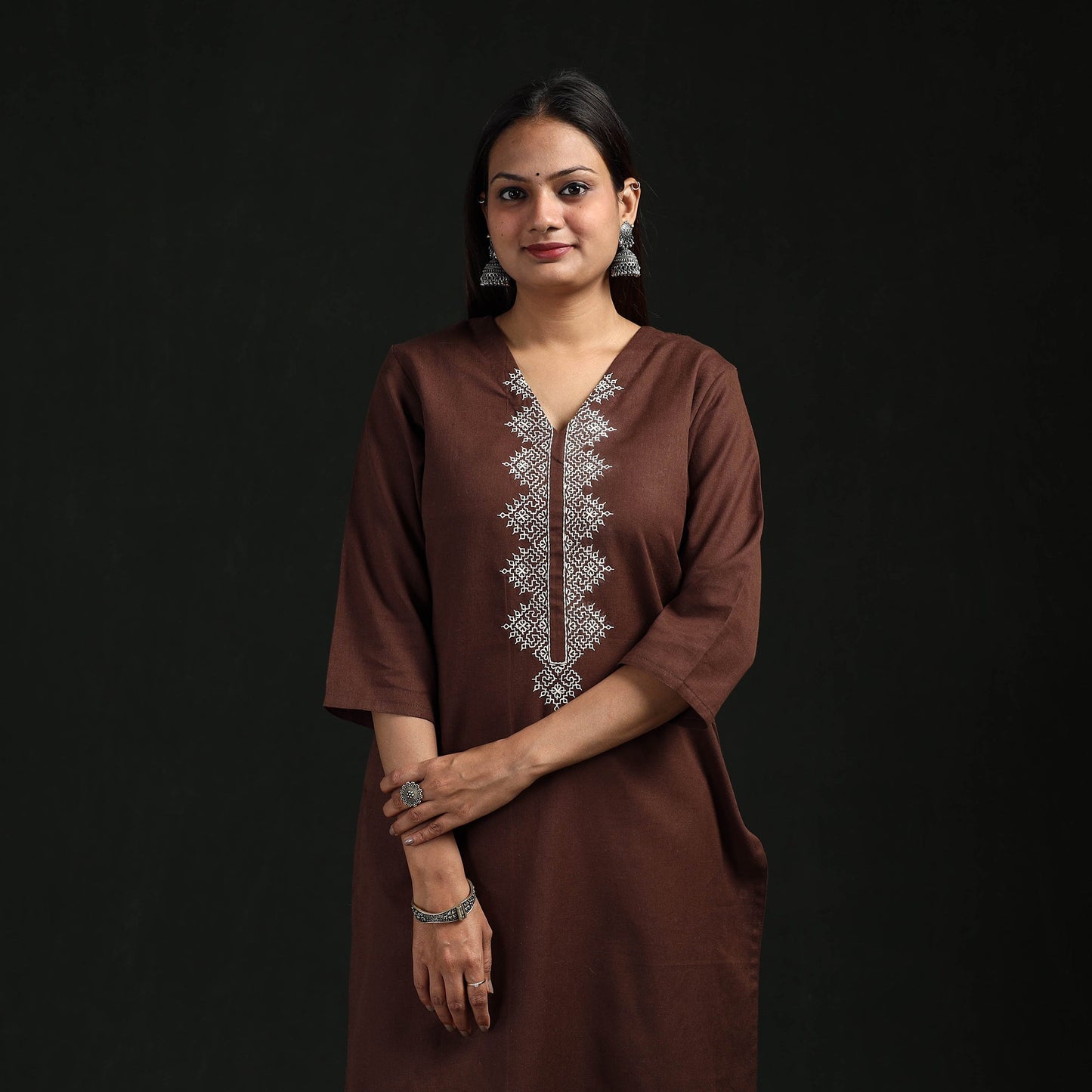 Flex cotton plain hand embroidered straight kurta for women