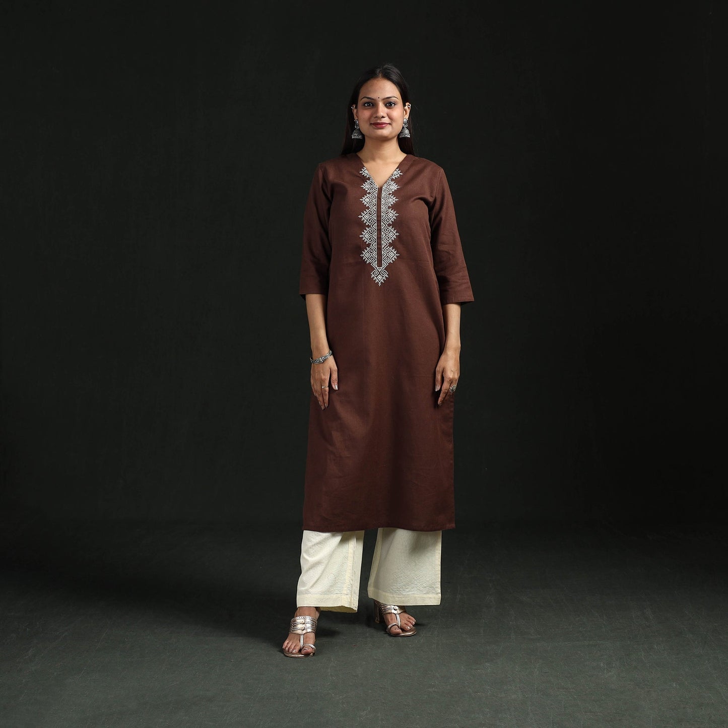 Flex cotton plain hand embroidered straight kurta for women