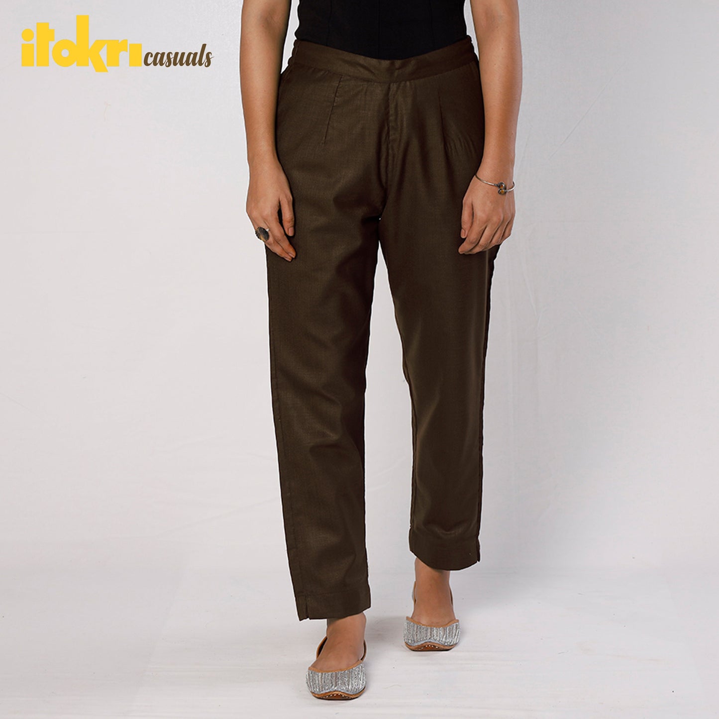 Buy Brown Flex Cotton Tapered Casual Pant for Women Online l iTokri.com