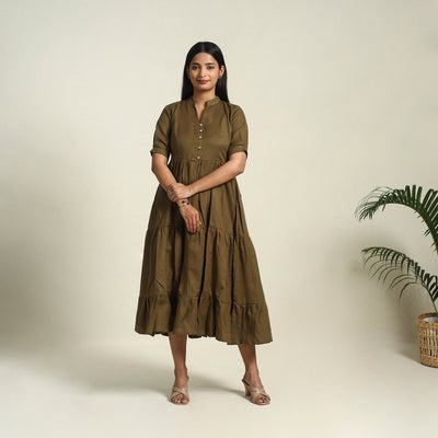  Brown Flex Cotton Tiered Plain Dress