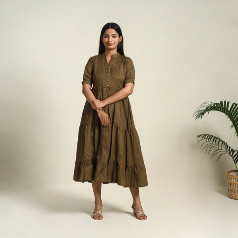  Brown Flex Cotton Tiered Plain Dress