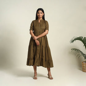  Brown Flex Cotton Tiered Plain Dress
