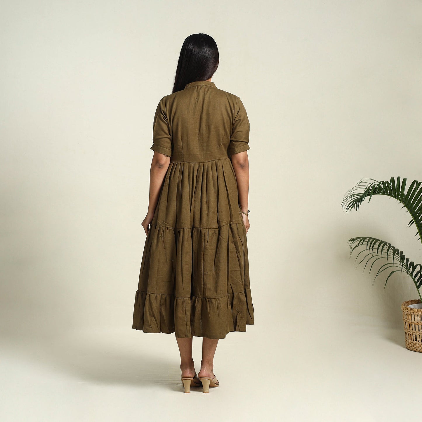  Brown Flex Cotton Tiered Plain Dress