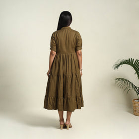 Brown Flex Cotton Tiered Plain Dress
