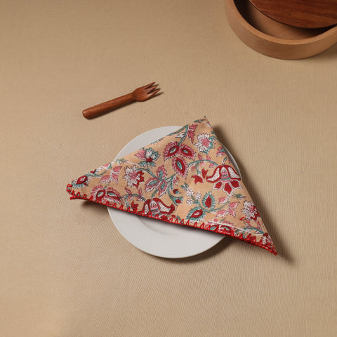 Brown Floral Block Print Cotton Hand Embroidery Table Napkin