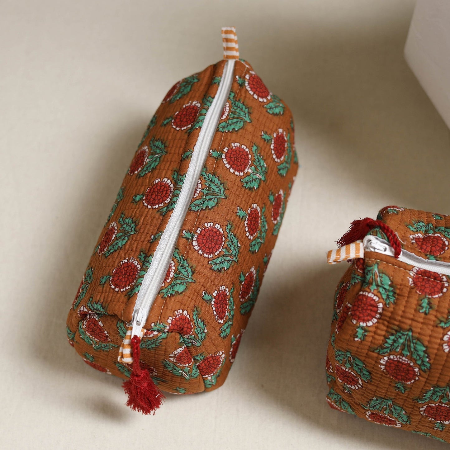 Floral hand block print quilted toiletry bags (set of 3) 11