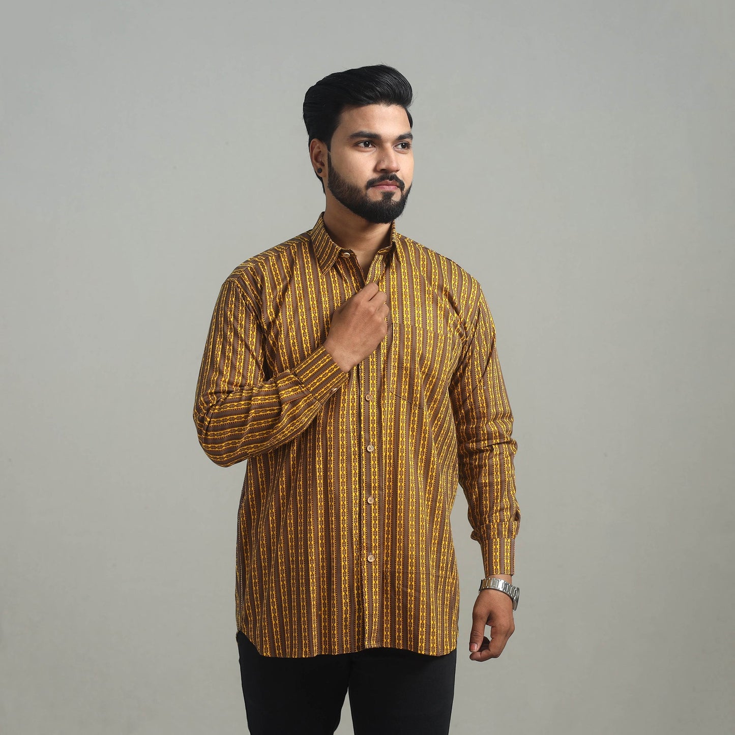  Brown Full Sleeve Cotton Men Jaipur Print Shirt 