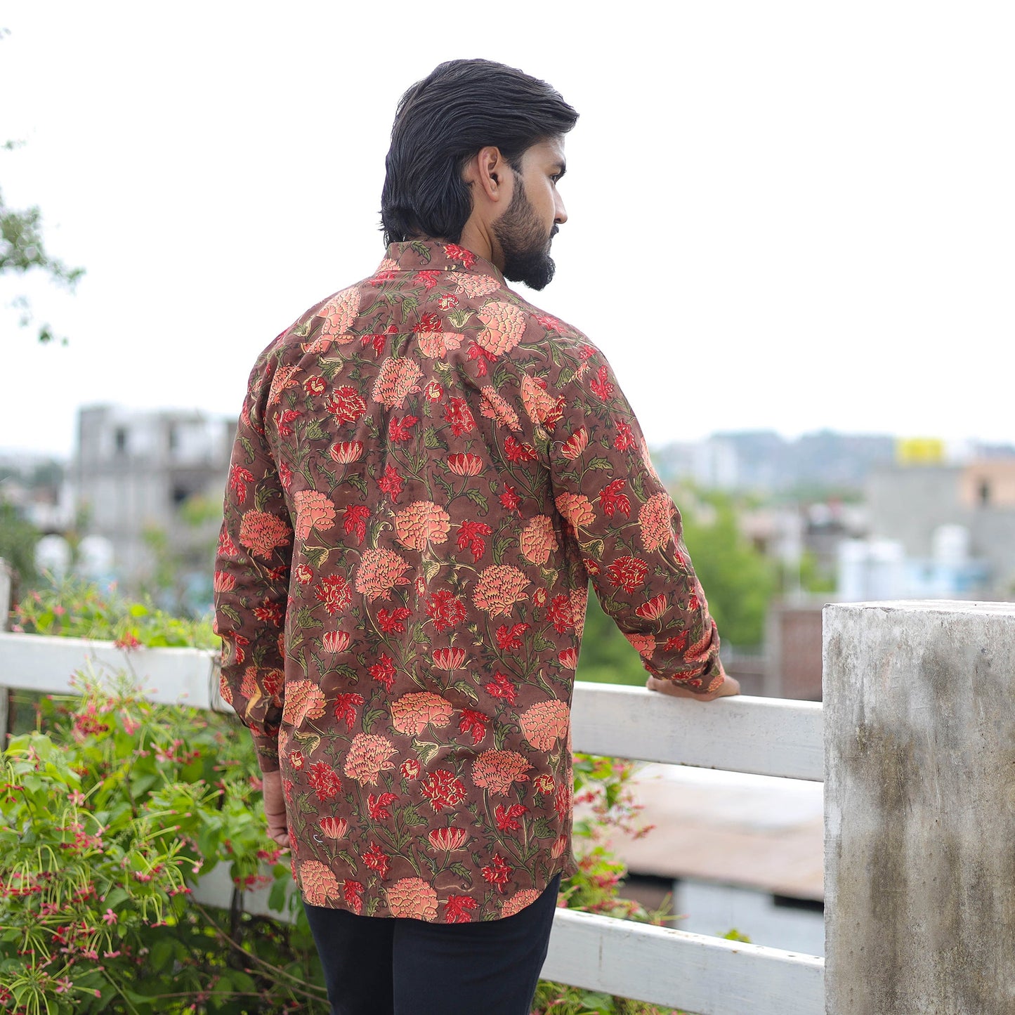 Brown Full Sleeve Block Print Cotton Men Sanganeri Shirt